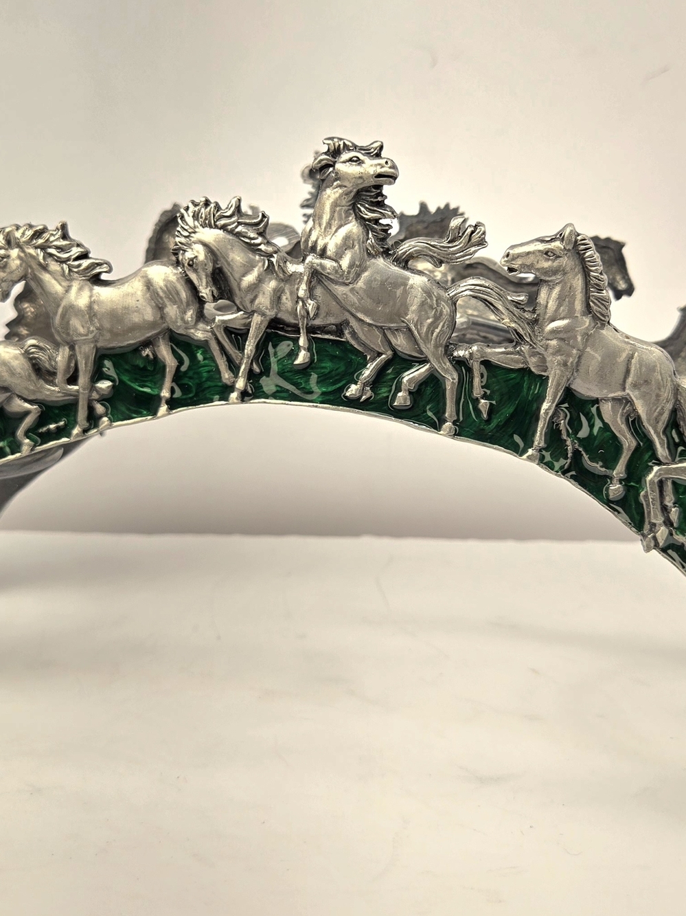 Wild Horses, Vintage Arched Pewter and Green Enamel "WF"  Votive Candle Holder